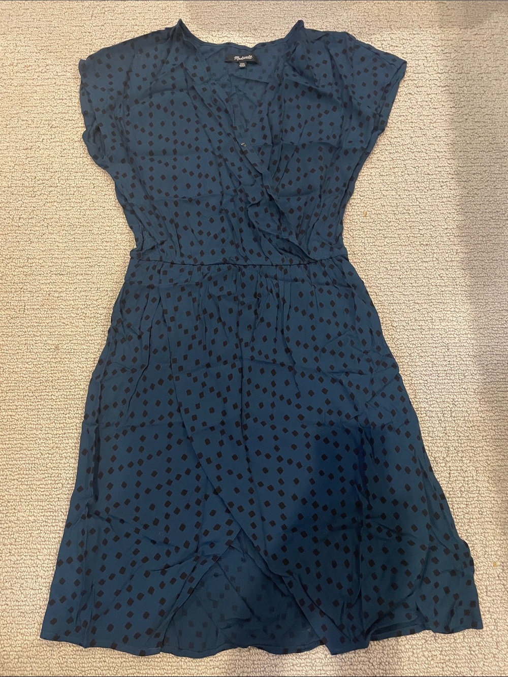 Madewell Navy Blue Short-Sleeve Wrap Midi Dress with Black Dot Print